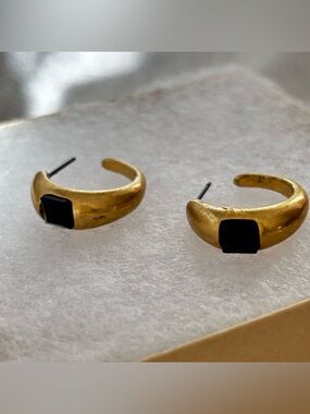 Gold-Tone Hoop Earrings with Black Stone Accent